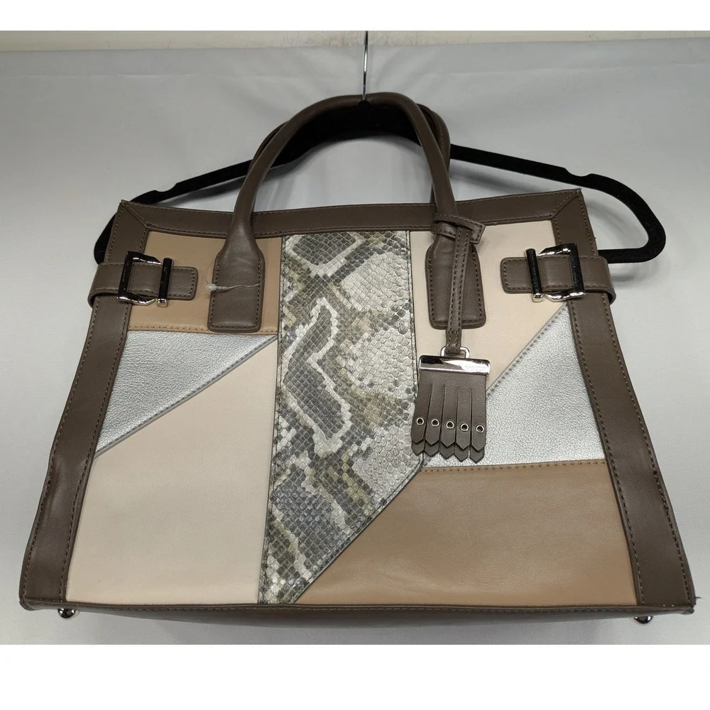 Nine West Colorblock Snakeskin Trim Satchel Handbag Brown Beige Silver